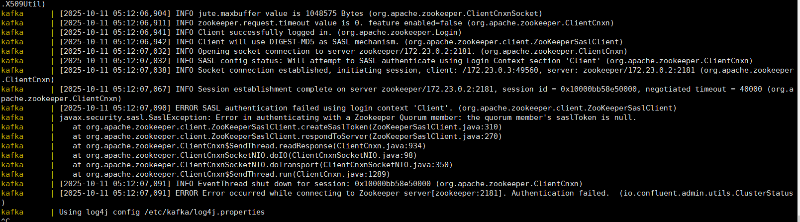docker部署kafka集群开启SCRAM后连接zookeeper报错